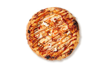 Top view pizza with shrimp cream cheese teriyaki sauce sesame and baked crust