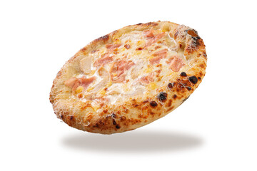 White sauce pizza with ham and melted cheese isolated on white background