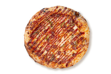 Top view pizza with bacon sausages jalapeno fried onion and savory sauce