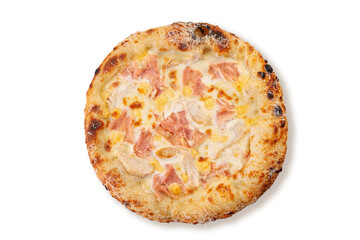Top view white pizza with ham and melted cheese isolated on white