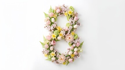 Floral wreath in shape of number eight with pastel flowers  