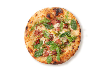 Top view white pizza with prosciutto pesto cheese and fresh green leaves isolated