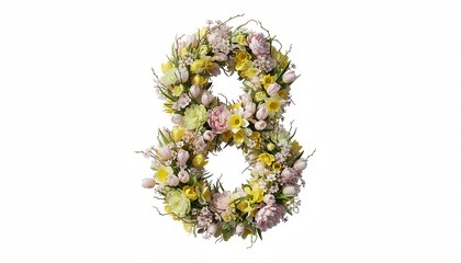 Floral arrangement in shape of number eight with pastel colors  