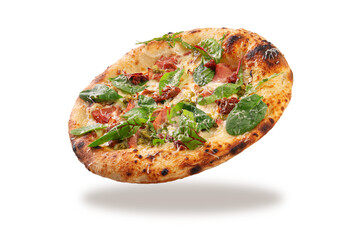 White pizza with prosciutto pesto and fresh greens isolated on white background