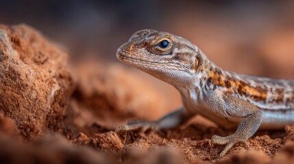 Fototapeta premium A lizard is seen on sandy soil with rocks in its surroundings. The creature is focused on its environment while enjoying sunlight