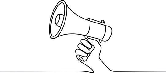 A continuous single line drawing shows a human hand holding a megaphone on a white surface