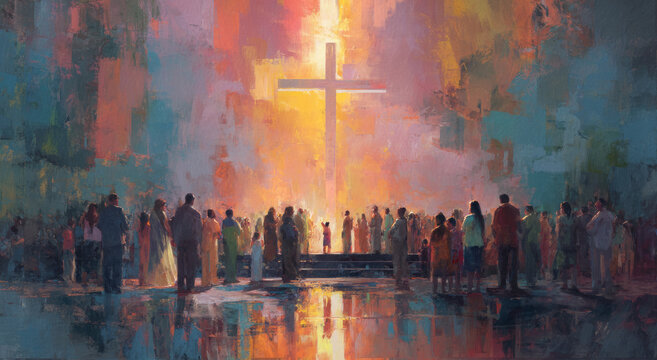 Large cross worship crowd sunrise faith prayer hope colorful reflection spiritual gathering