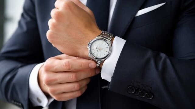 Professional Change Promotion concept. Man adjusting a luxury watch on his wrist while wearing a suit.