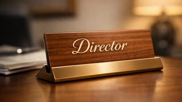 Professional Change Promotion concept. Desk nameplate with "Director" held by a hand, showcasing professionalism.