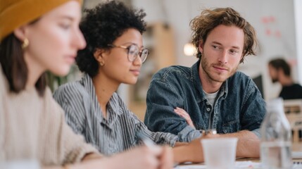 Three young people sitting at a table in a meeting or brainstorming session.