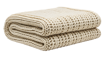 Thick Cream Colored Chunky Knit Blanket Folded isolated on a transparent background