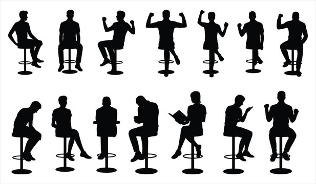 Silhouettes of people sitting on bar stools in diverse poses on white background woman