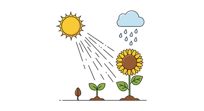 Educational diagram showing the life cycle of a sunflower from a seed to a sprout and a full blooming flower under sun and rain.