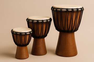African wooden djembe drums isolated on light background, traditional percussion instrument.