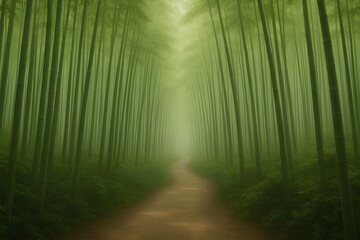 asian bamboo forest with morning mist and empty path natural green landscape.
