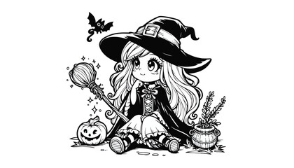 Fototapeta premium Vector illustration of cartoon halloween witch black and white drawing For children to learn to color according to the picture.