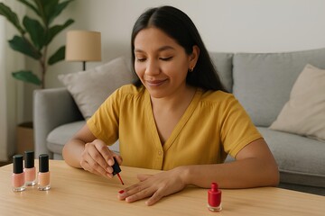 mexican woman painting nails at living room table doing home manicure beauty care indoors.