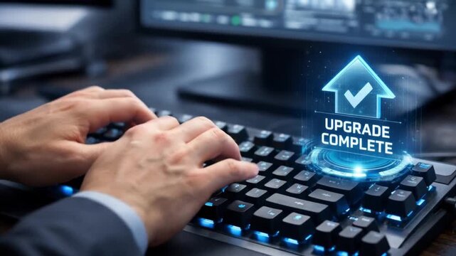 Professional Change Promotion concept. Hands typing on a keyboard with an upgrade notification displayed digitally.