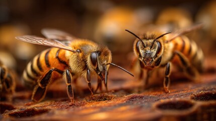 Bees are busy moving and interacting on honeycomb inside a hive. They are collecting pollen and contributing to honey production. The hive is active with their efforts