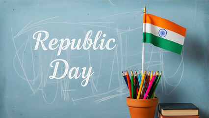 Celebrate Republic Day with colorful pencils and books beneath a fluttering flag on a blue chalkboard background