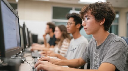 Group of young people working on computers in a computer lab. they are sitting at a desk with multiple computer monitors and keyboards in front of them.
