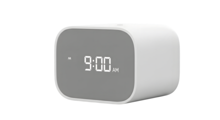 White digital alarm clock displaying 900 A M with a gray face isolated on a transparent background