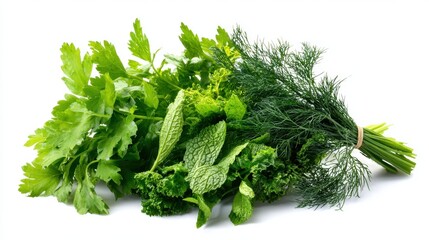 Fresh herbs bundle laying isolated on white for healthy cooking