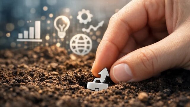 Professional Change Promotion concept. Hand placing a business icon in soil with growth symbols in the background.