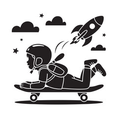 Boy with jetpack flying on a skateboard among clouds and stars © MUZIHID CREATION
