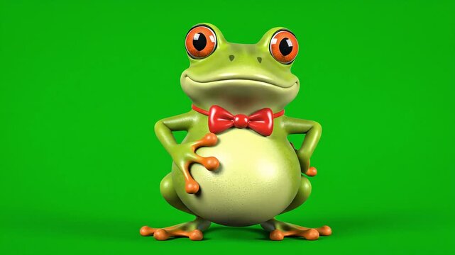 Funny cartoon frog with red bow tie on green screen background.