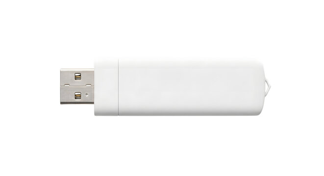 White U S B flash drive with metal connector and loop isolated on a transparent background