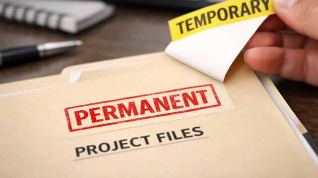 Professional Change Promotion concept. Document being labeled from temporary to permanent status.