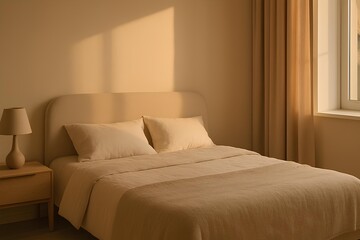 Modern bedroom interior with warm winter light and neutral minimalist decor.