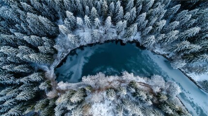 An aerial perspective of a breathtaking frozen lake surrounded by frosted pine trees, encapsulating the tranquility and raw beauty of winter.
