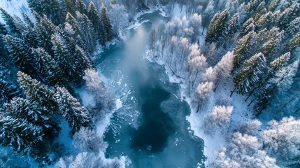 An aerial perspective captures the serene beauty of a frozen river winding through a snow-covered forest. The pristine white snow and frosted trees create a scene of pure, cold natural beauty.
