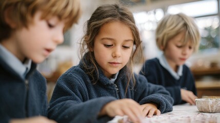 Obraz premium Three young children, two boys and a girl, sitting at a table in a classroom. they are all wearing blue sweaters and appear to be focused on their work.