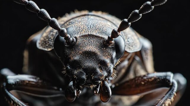 Closeup of a beetles face with a black background and large eyes
