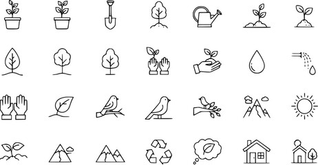 Nature and Gardening Icons: Plants, Tools, Animals, Weather, and Recycling