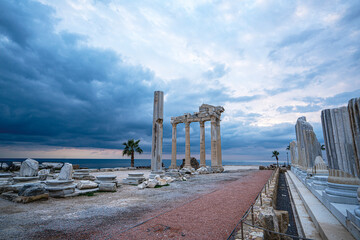 The scenic views of the  exquisite Temple of Apollo stands proudly in Side Old Town on the tip of the peninsula near the beach, Antalya, Turkey