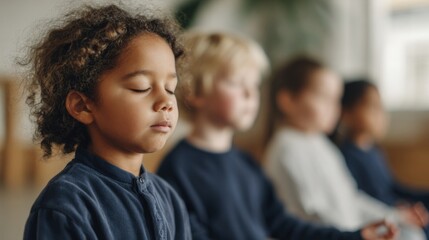 Group of children sitting in a row, with their eyes closed and their hands clasped together in prayer. the child in the foreground is a young girl with curly hair, wearing a blue sweater.