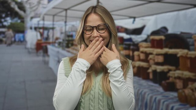 Blonde woman wearing glasses covers her mouth while laughing at an outdoor market stall; surprise happiness delight.
