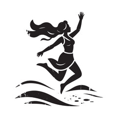A silhouette of a woman joyfully leaping with flowing hair and waves