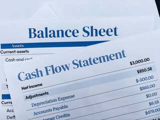 Balance sheet and cash flow statement of businesss showing on the paper top view close up background.