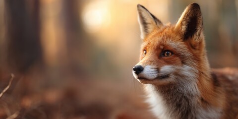 Obraz premium Fox looking to the side in a forest during the early morning light in autumn