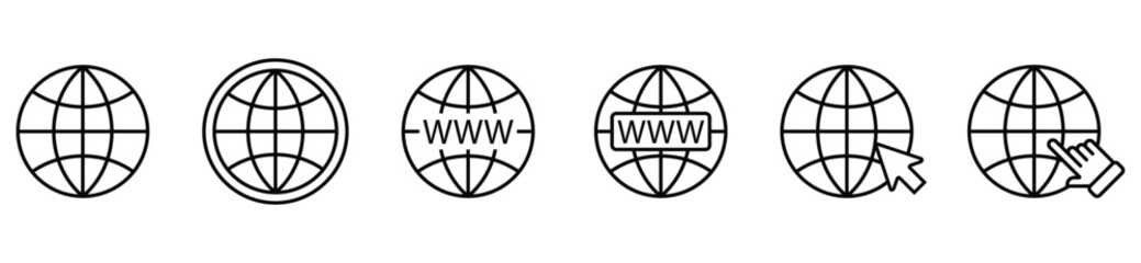 Global Internet Connection Icon Collection. Globe and www symbols representing worldwide web access and digital networking.
