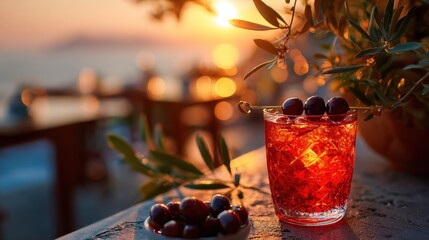 Red cocktail with cherries glows on a terrace at sunset