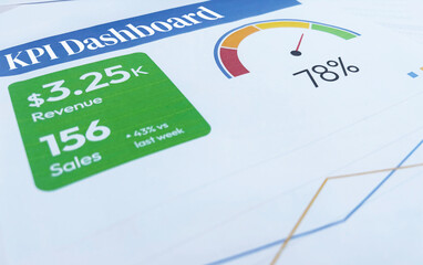 Key performance index report showing revenue and sales with speedometer on the paper, business, ctr, return.