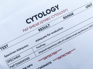 Pap Smear cytology test report background with data and values, medical, health, top view, document.