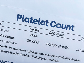 Platelet count report showing normal and reference values of test result, background. Blood group, white blood count.