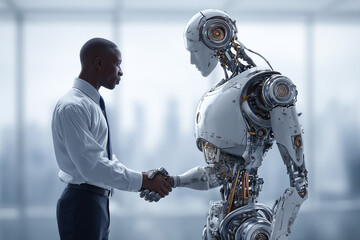 a business man shaking hands with a robot, corporate photography, Generative AI